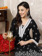 Women's Black Ethnic Printed Rayon Straight Kurta Palazzo Dupatta Set-KPDBLACKTARA